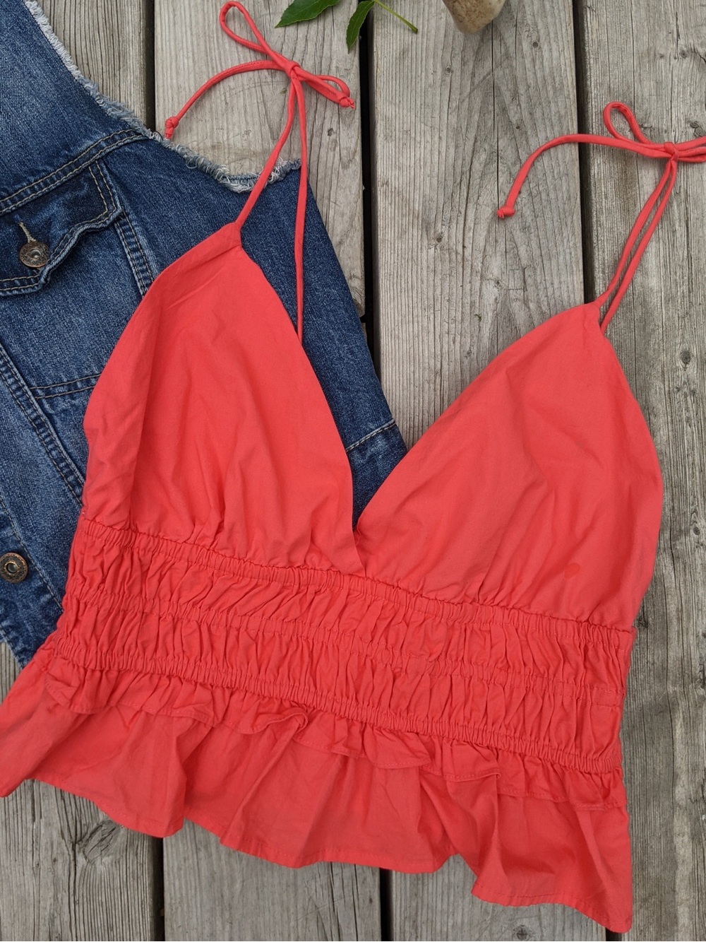 SIM & SAM| Pink/Coral Ruffled Smocked Waist Tie-Strap Tank Top Cotton Cami Sz XL